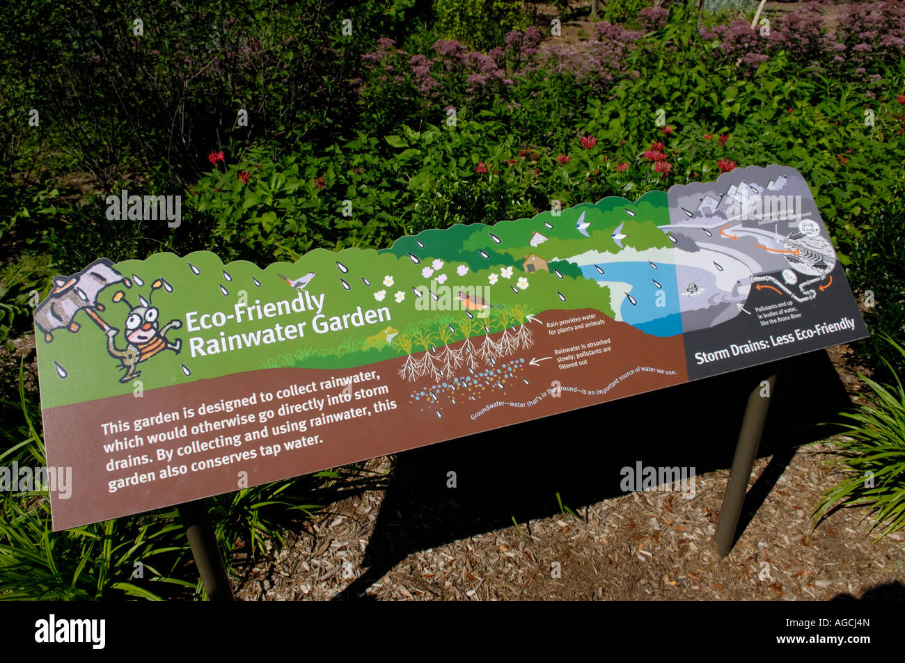 Sign at an environmentally friendly garden that reduces water consumption and energy use Stock Photo