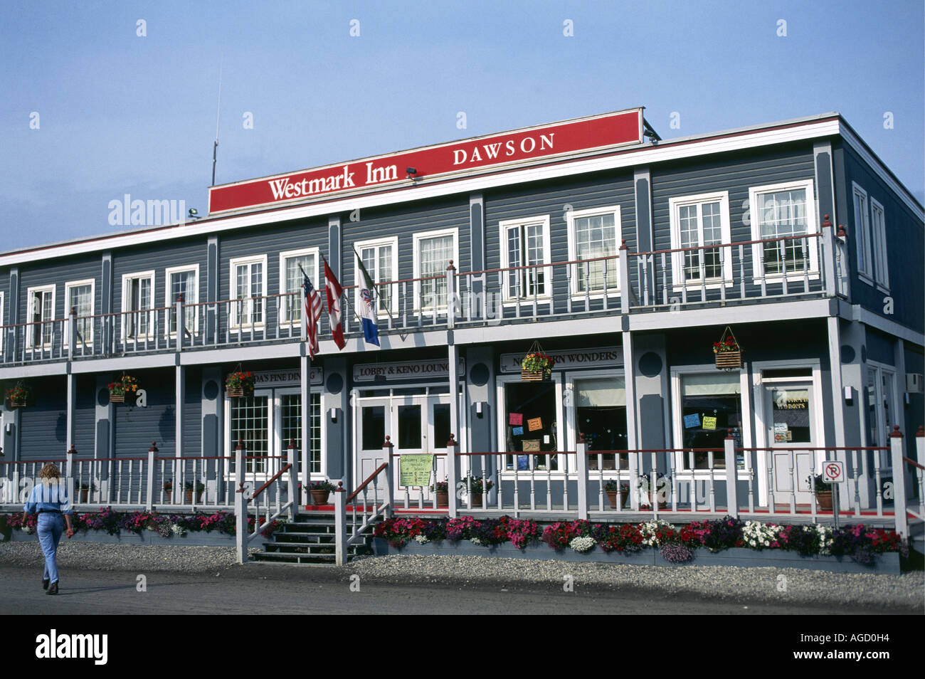 A large shingled two storey building with verandahs an Inn in Dawson city formerly the capital in the days of the 1898 Klondike gold rush and now a National Historic Site Stock Photo
