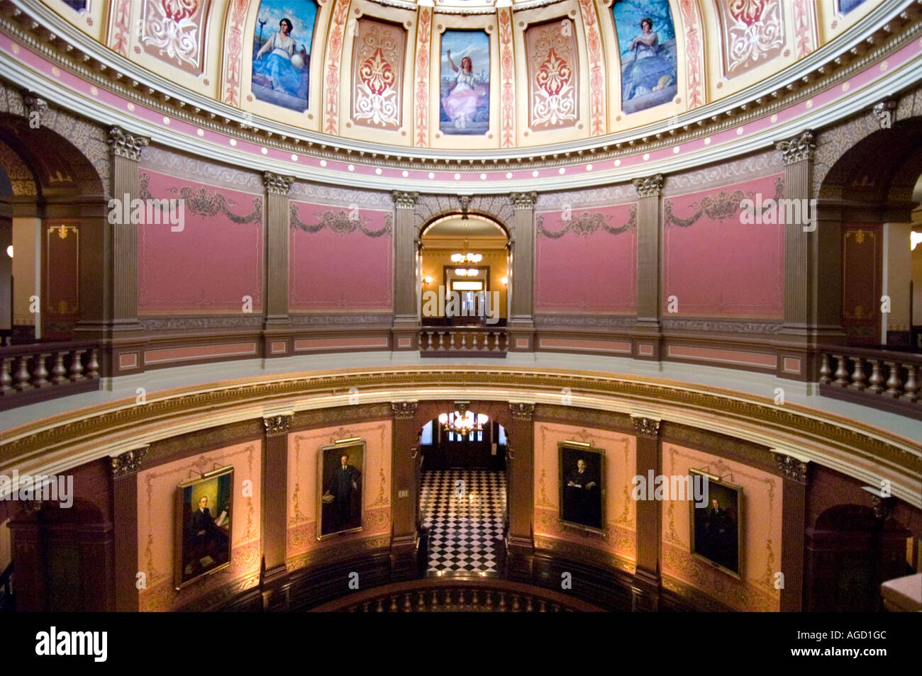 Wide angle view of the walls of the Rotunda in the Michigan State Capitol building Stock Photo