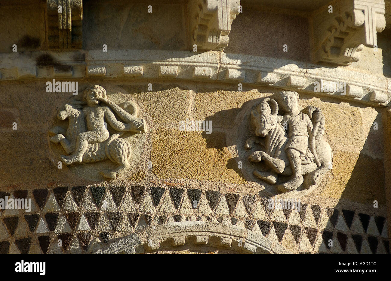 Zodiac sign carving on the Romanesque church of Saint-Austremoine , Issoire, Puy de Dome,  Auvergne-Rhone-Alpes, France, Europe Stock Photo