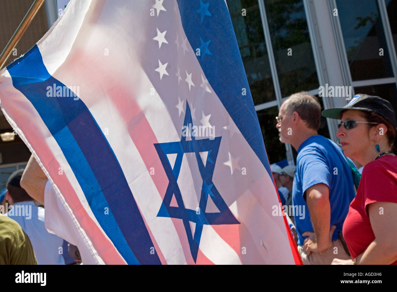 Israeli and American Flag in Demonstration Supporting Israel Attack on Lebanon Stock Photo