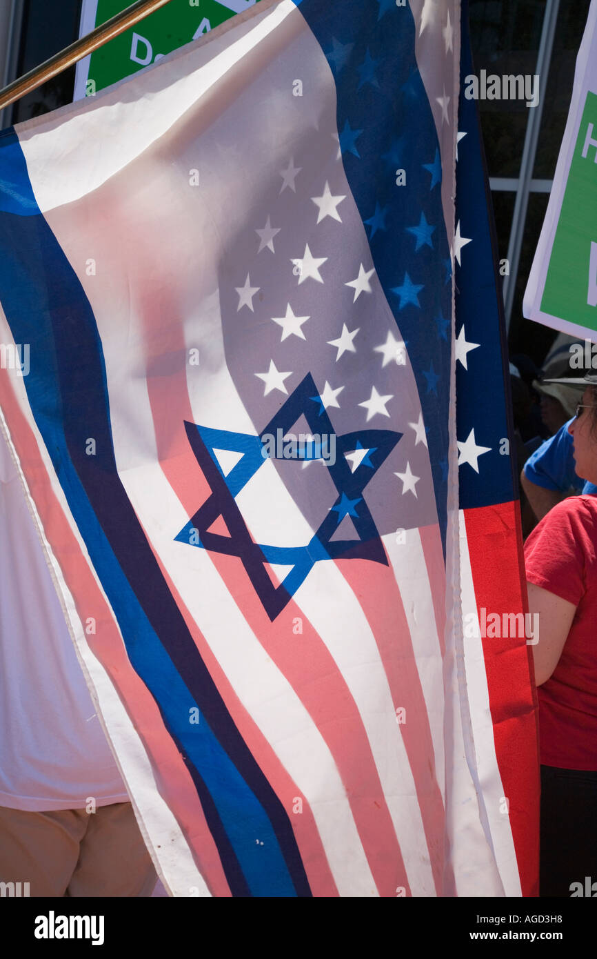 Israeli and American Flag in Demonstration Supporting Israel Attack on Lebanon Stock Photo