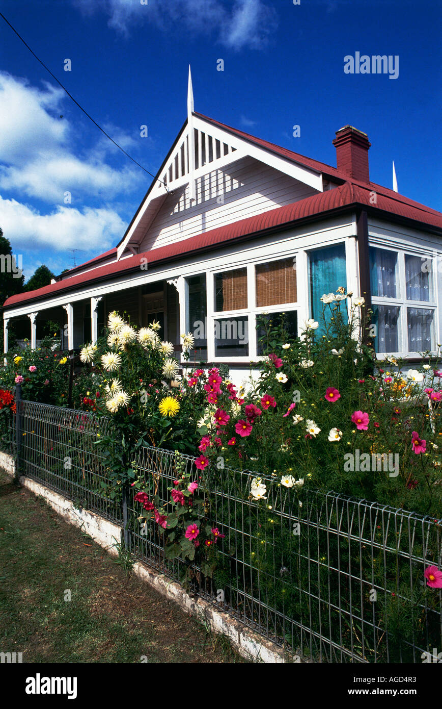 Garden fronting a traditional clapboard bungalow in Moss Vale Stock