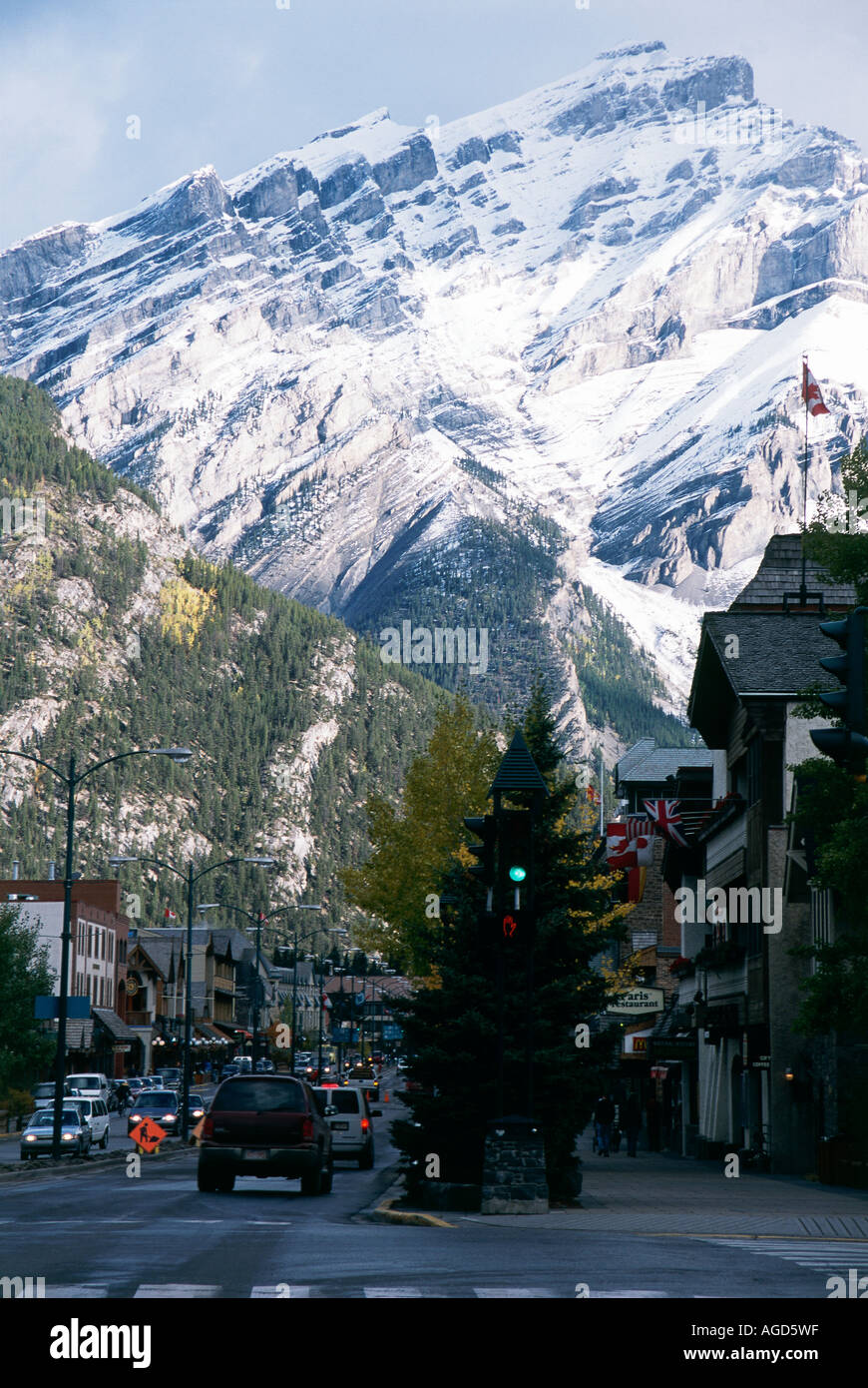 View down Banff avenue to Cascade mountain Stock Photo