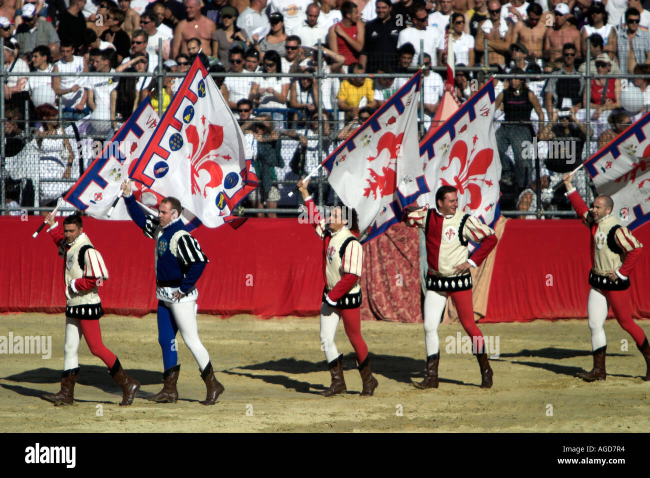 The Flagmen of the Calcio Storico parade in the Piazza Santa Croce, Florence, Italy Stock Photo