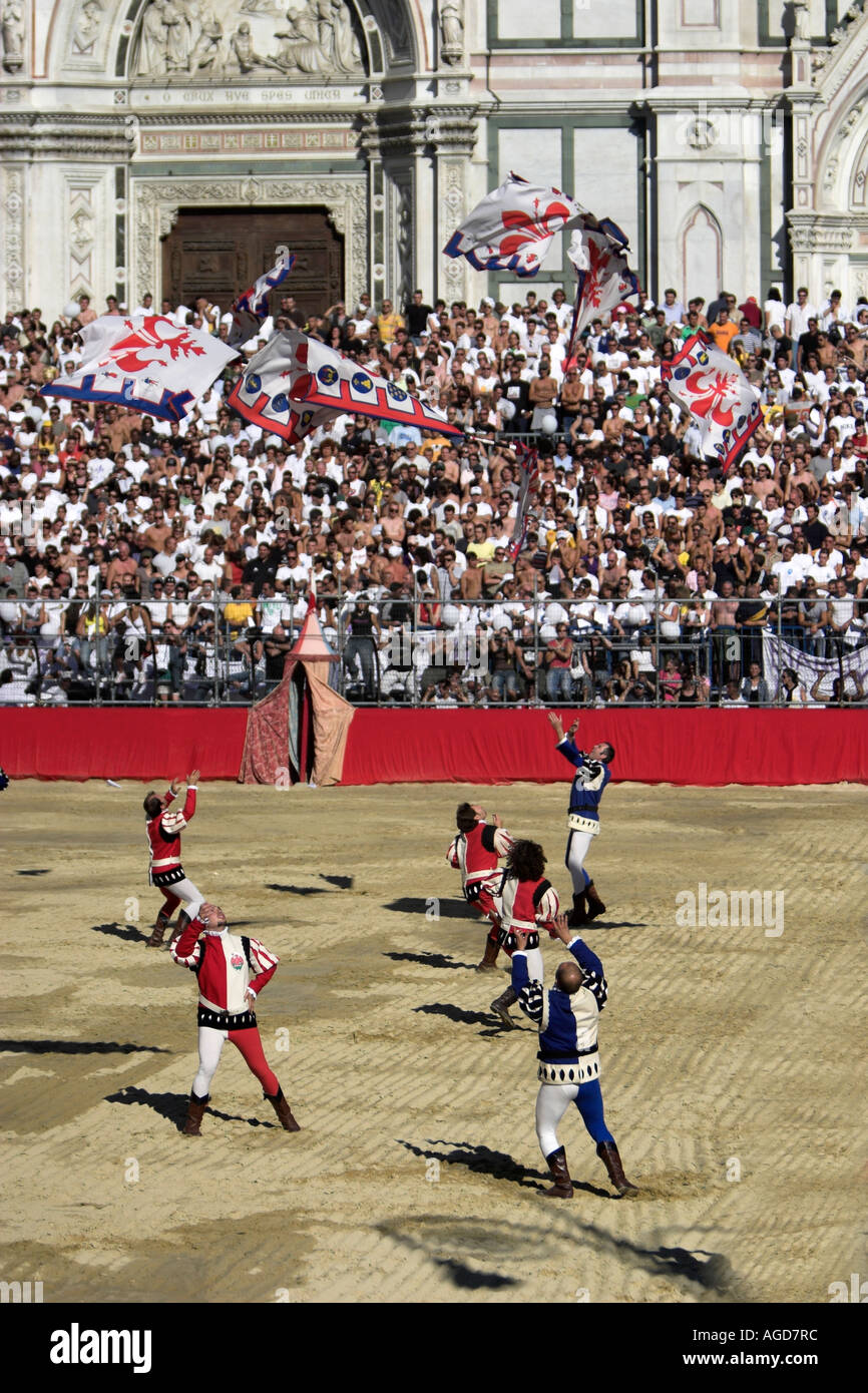 The Flagmen of the Calcio Storico parade in the Piazza Santa Croce, Florence, Italy Stock Photo