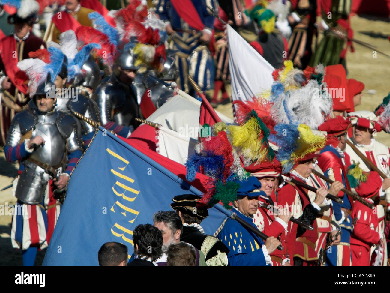 The colourful parade of the Calcio Storico in the Piazza Santa Croce, an anual event in Florence, Italy. Stock Photo