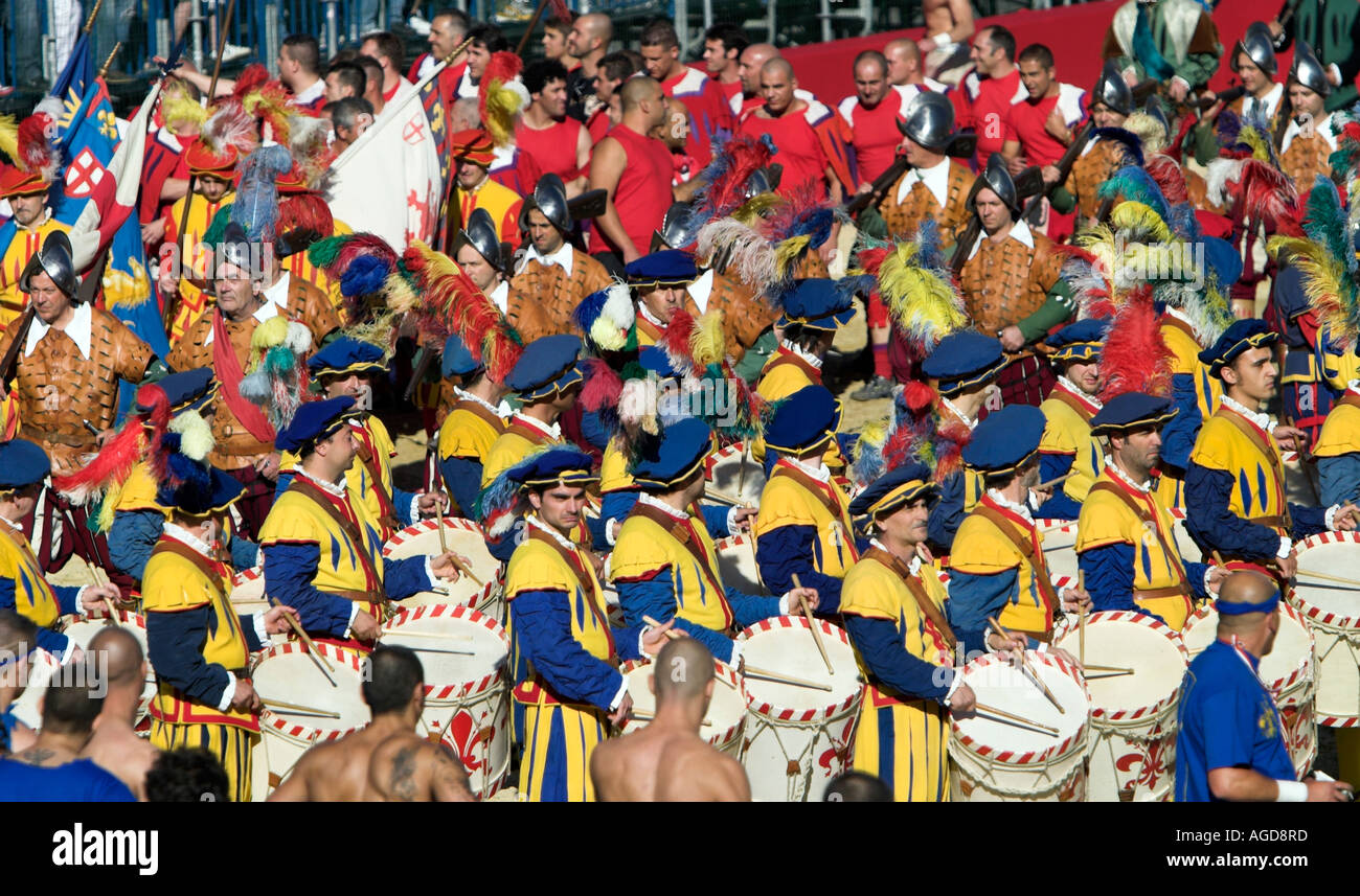 The colourful parade of the Calcio Storico in the Piazza Santa Croce, Florence, Italy. Stock Photo