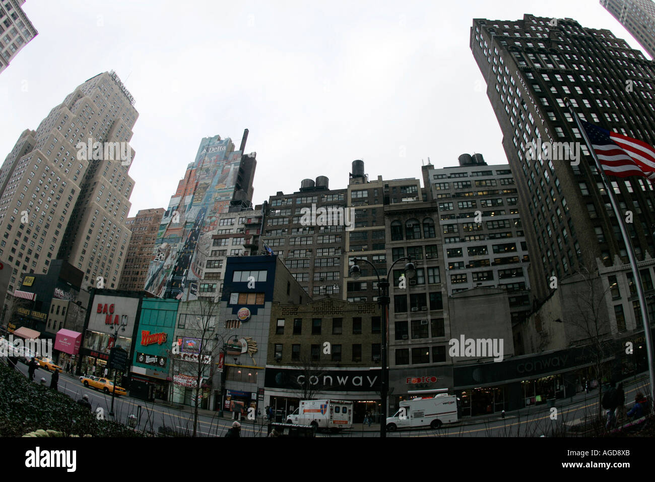 fisheye view of 34th street from 1 penn plaza new york city new york USA Stock Photo