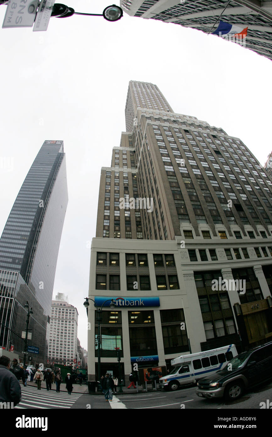 fisheye view of the Nelson Tower and 1 penn plaza in the background from junction of 34th street and seventh ave Stock Photo