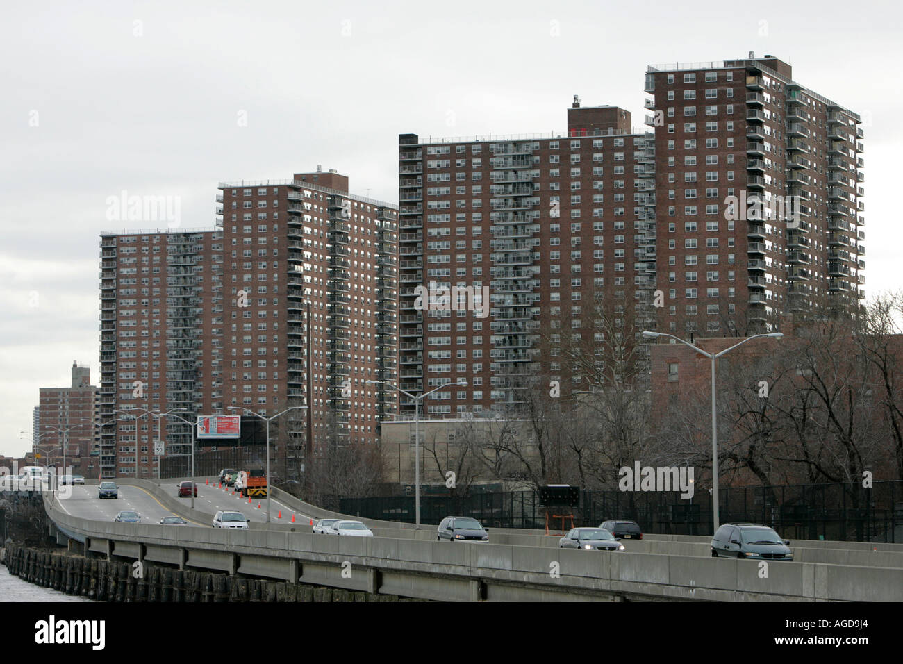 apartment blocks in Harlem and FDR Drive from the east river new york
