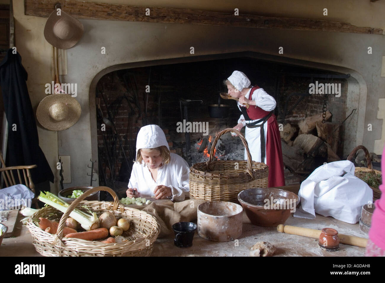 Recreation of Tudor kitchen with costumed staff at Kentwell Hall Long ...