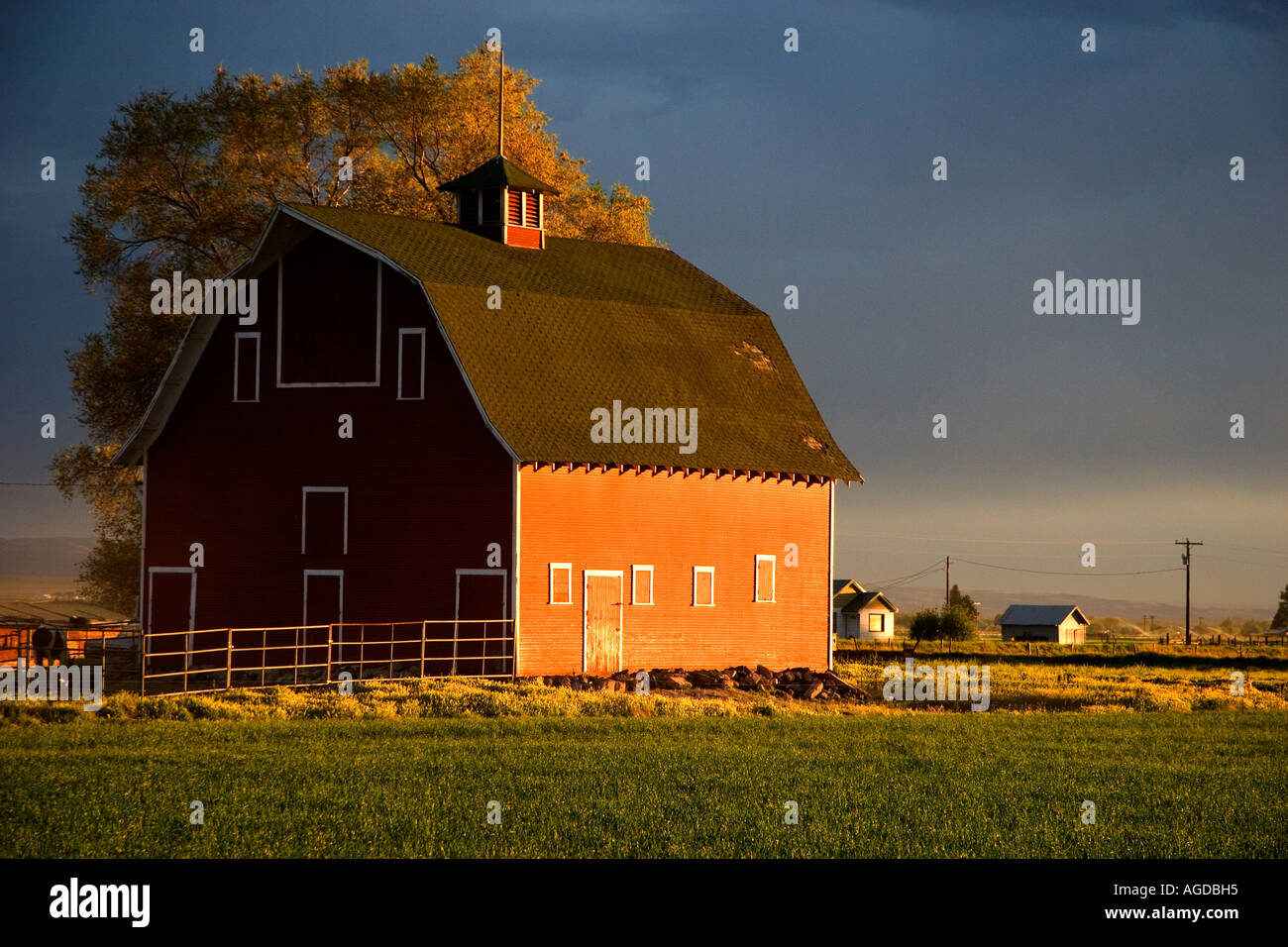 Barn at sunset near Burley, Idaho. Stock Photo