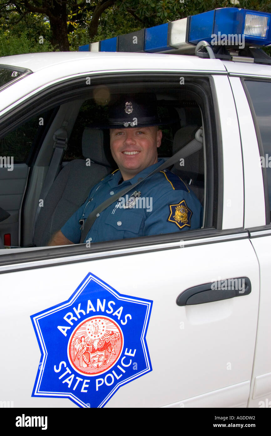 Arkansas State Police trooper and car in Ozark, Arkansas. Stock Photo
