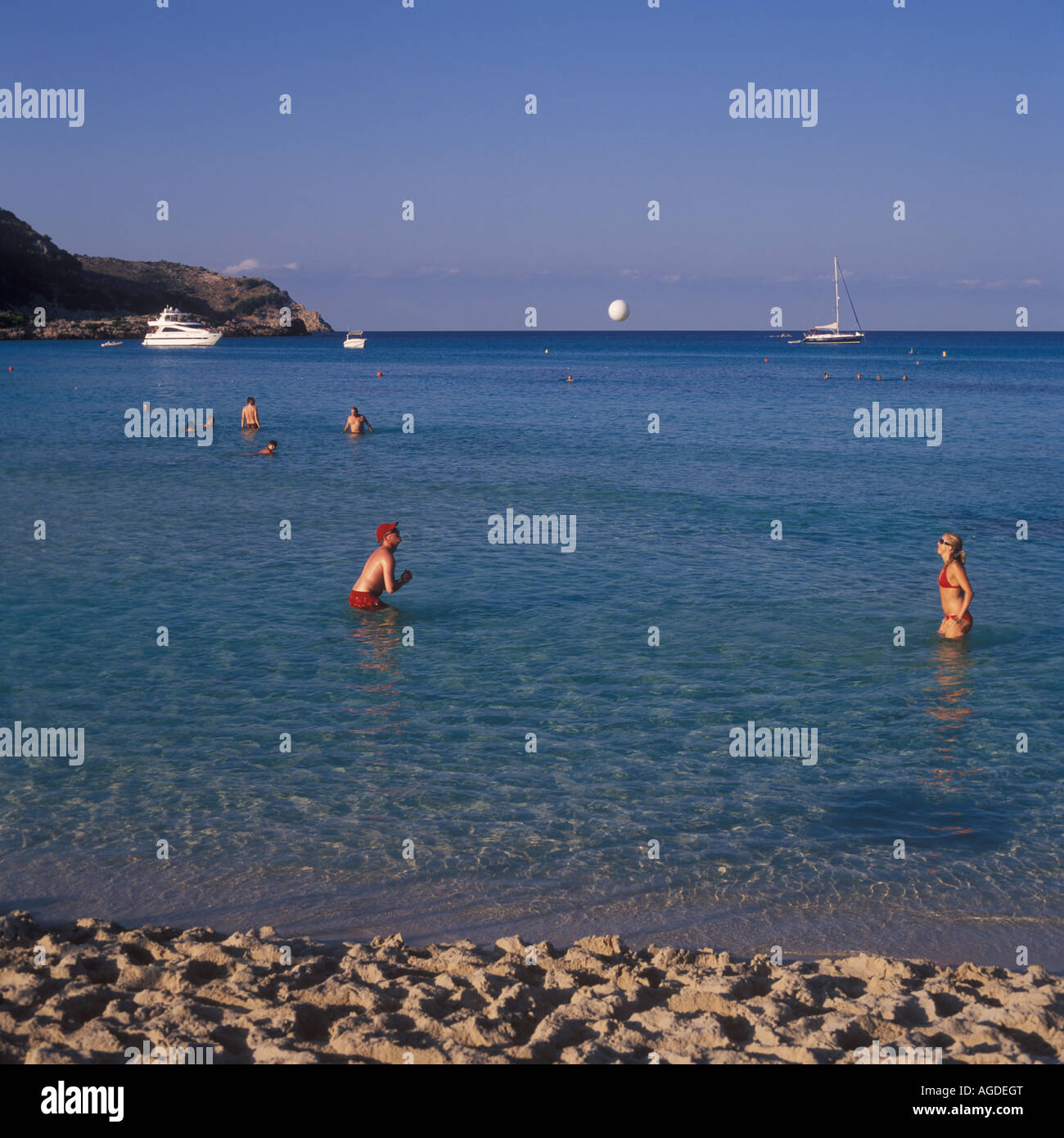Watersports on idyllic sandy beach at Cala Agulla near Cala Ratjada, North East Mallorca, Balearic Islands, Spain. Stock Photo