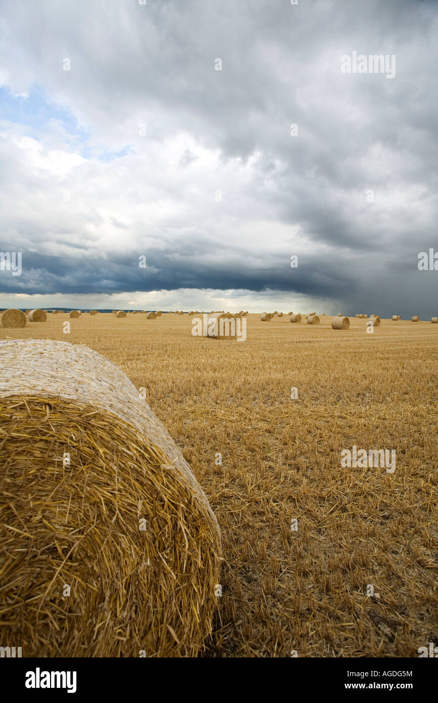 Straw bales and dramatic sky, Faversham , Kent Stock Photo Alamy