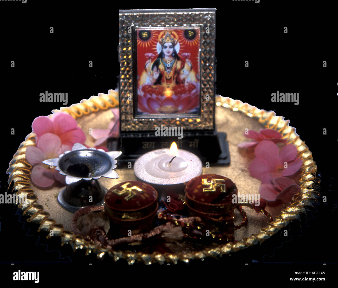 A puja tray with objects offered to the HIndu goddess Lakshmi Stock