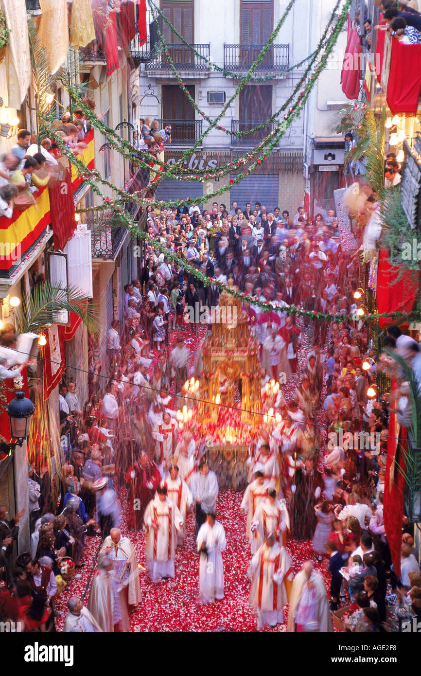Corpus Christi celebrations with confetti falling on streets of Valencia Stock Photo