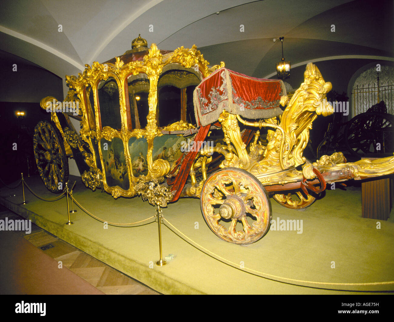 A golden carriage from the time of the Czars in the Armory Museum on the grounds of the Kremlin in Moscow Stock Photo