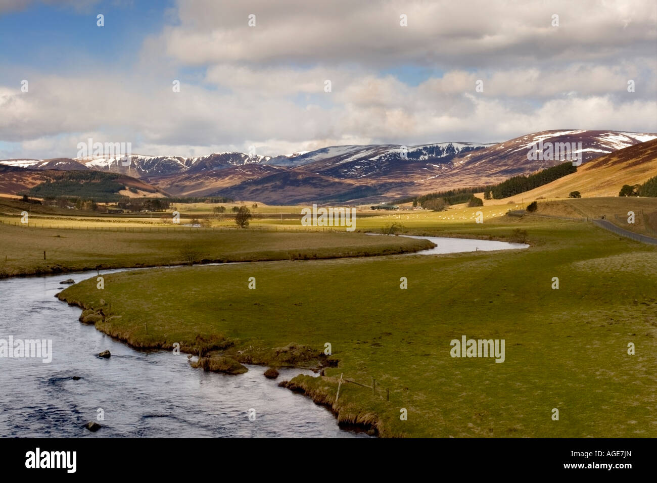 Scottish glen, Angus, Scotland, with snow capped mountains Stock Photo