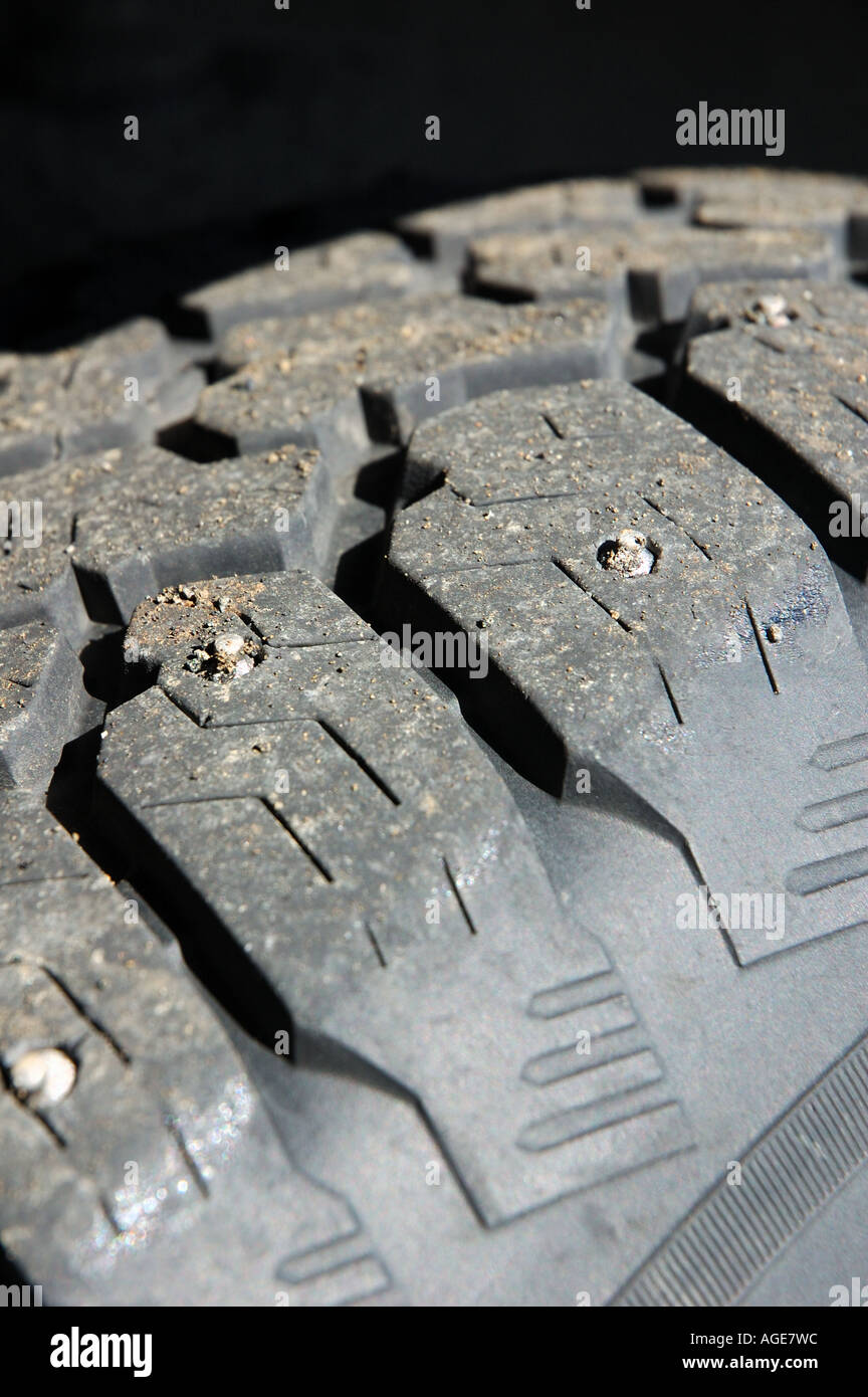 Four wheel drive tyre with winter studs in Iceland Stock Photo