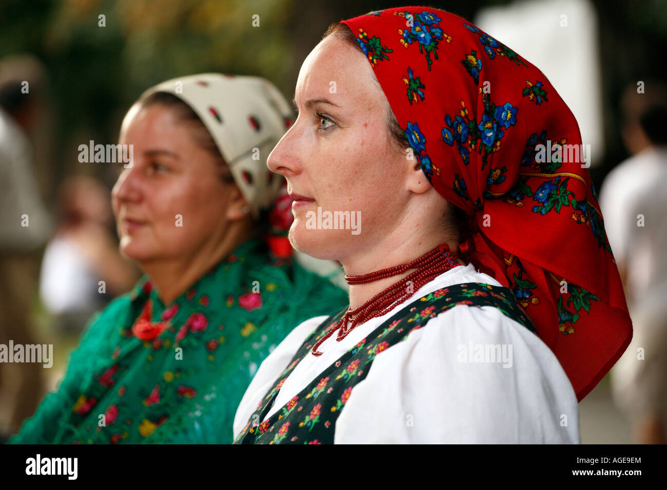 Hungarian minority folk dancers in traditional clothes Hviezdoslavovo square, Bratislava, Slovakia. Stock Photo
