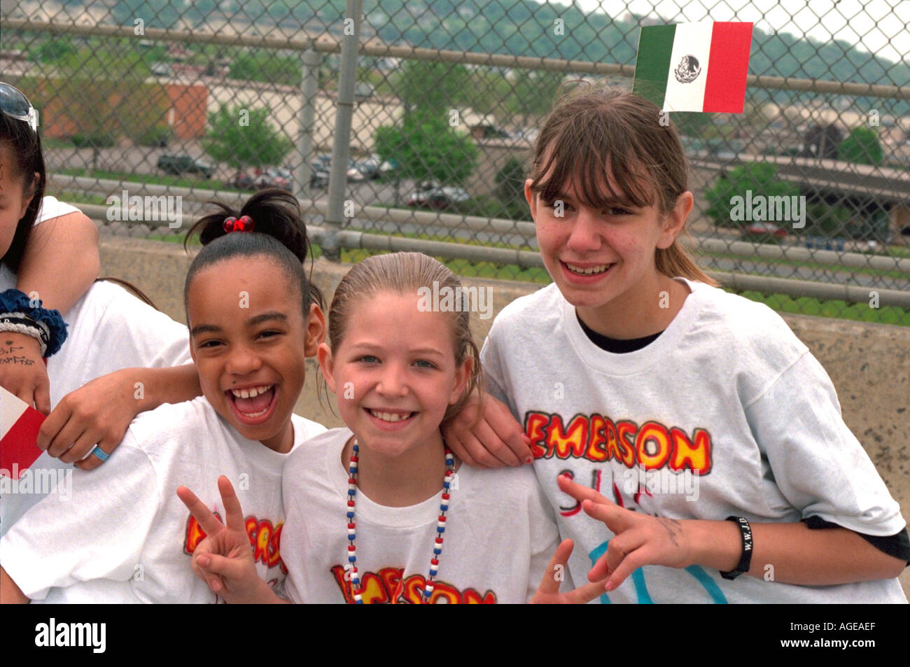 Friends age 11 at  annual Cinco De Mayo Celebration. St Paul Minnesota USA Stock Photo