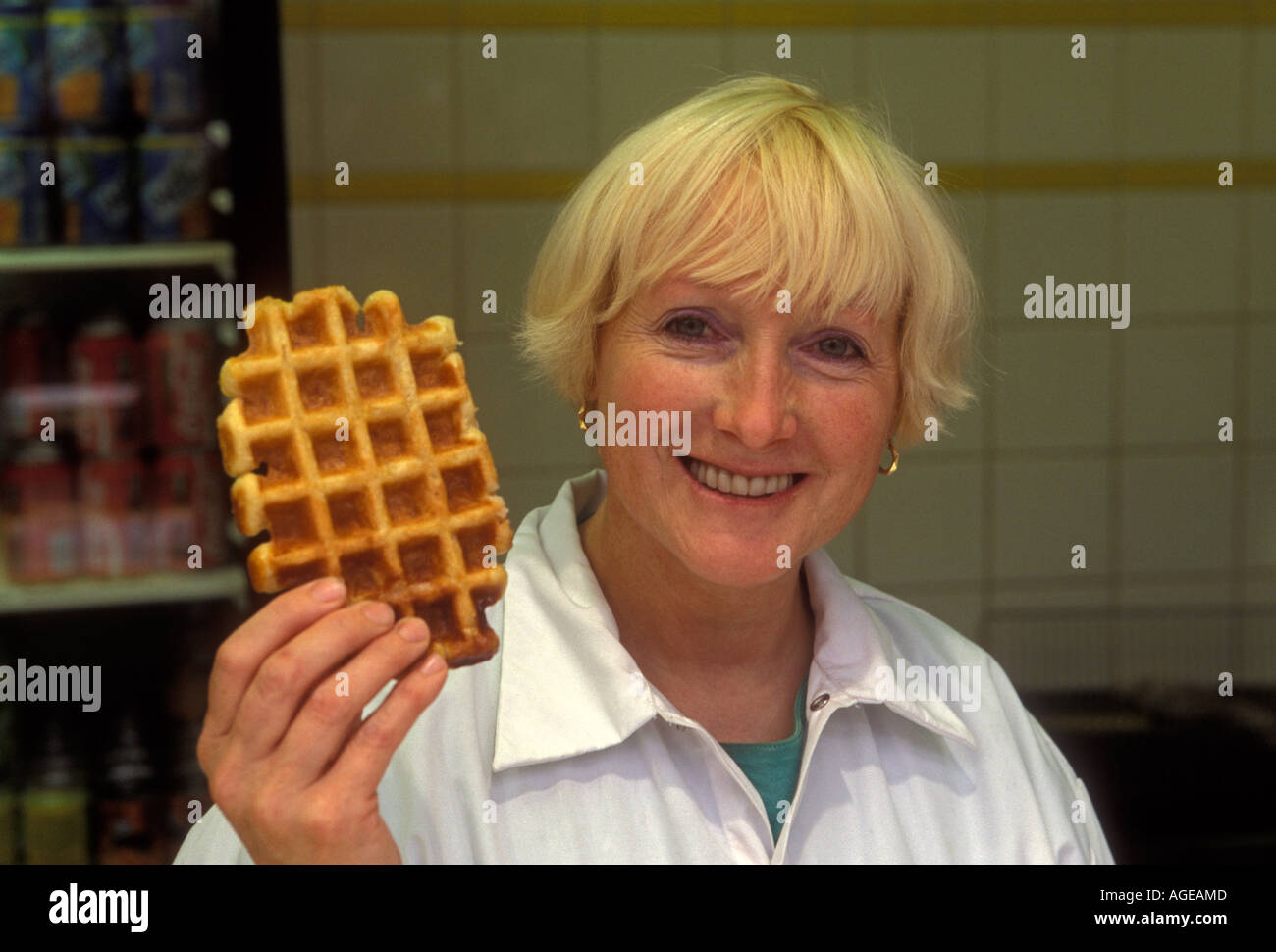 1, one, Belgian woman, Belgian, woman, salesclerk, selling waffles