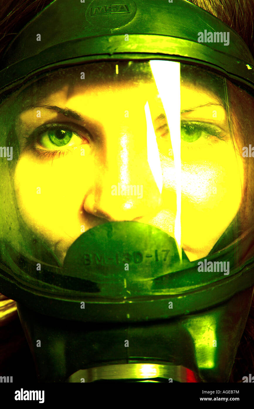 Woman wearing GAS MASK.  Conceptual portrait of Lung Disease. Stock Photo