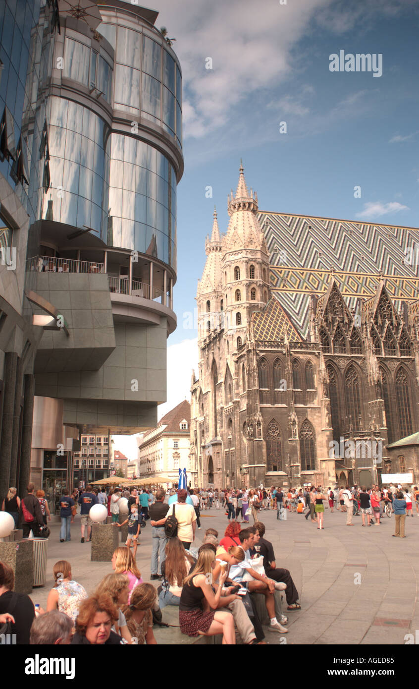 The modern Haas Haus and the gothic Stephansdom. Vienna. Austria. Stock Photo