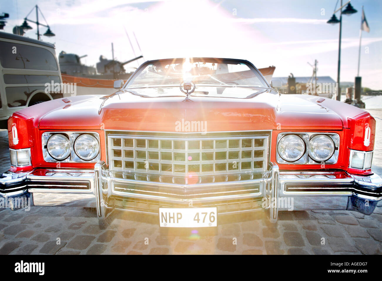 Front view of a red CADILLAC ELDORADO manufactured 1973 Gasoline engine 175kW Swedish licence plate. Stock Photo