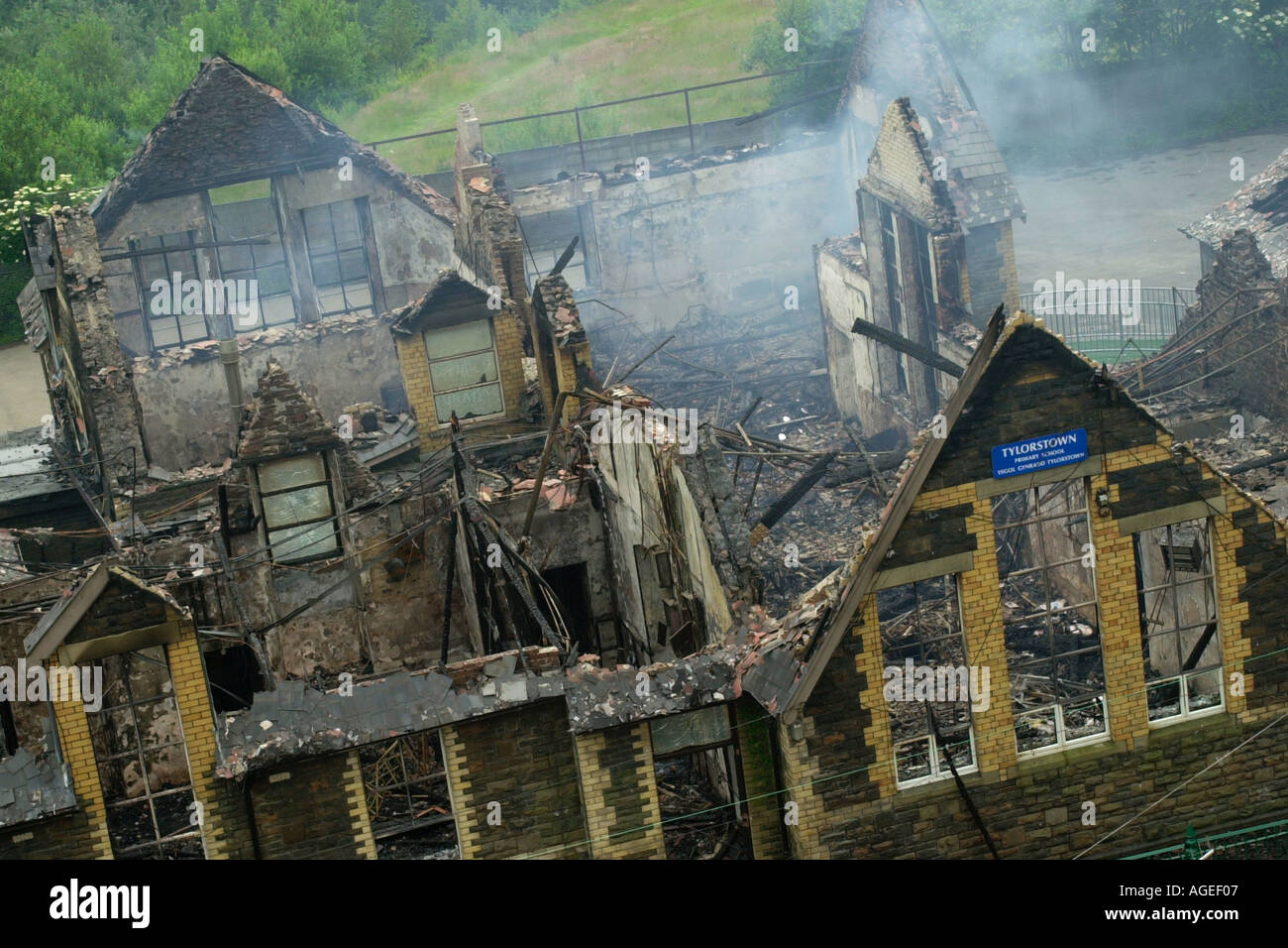 The smoldering ruins of Tylorstown Primary School which was destroyed