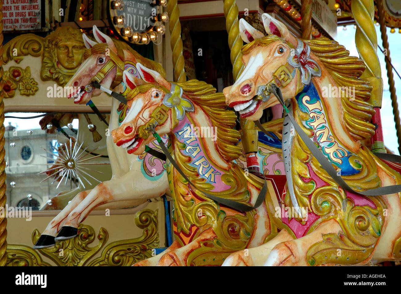 Carousel Horses on funfair roundabout Southport England Stock Photo