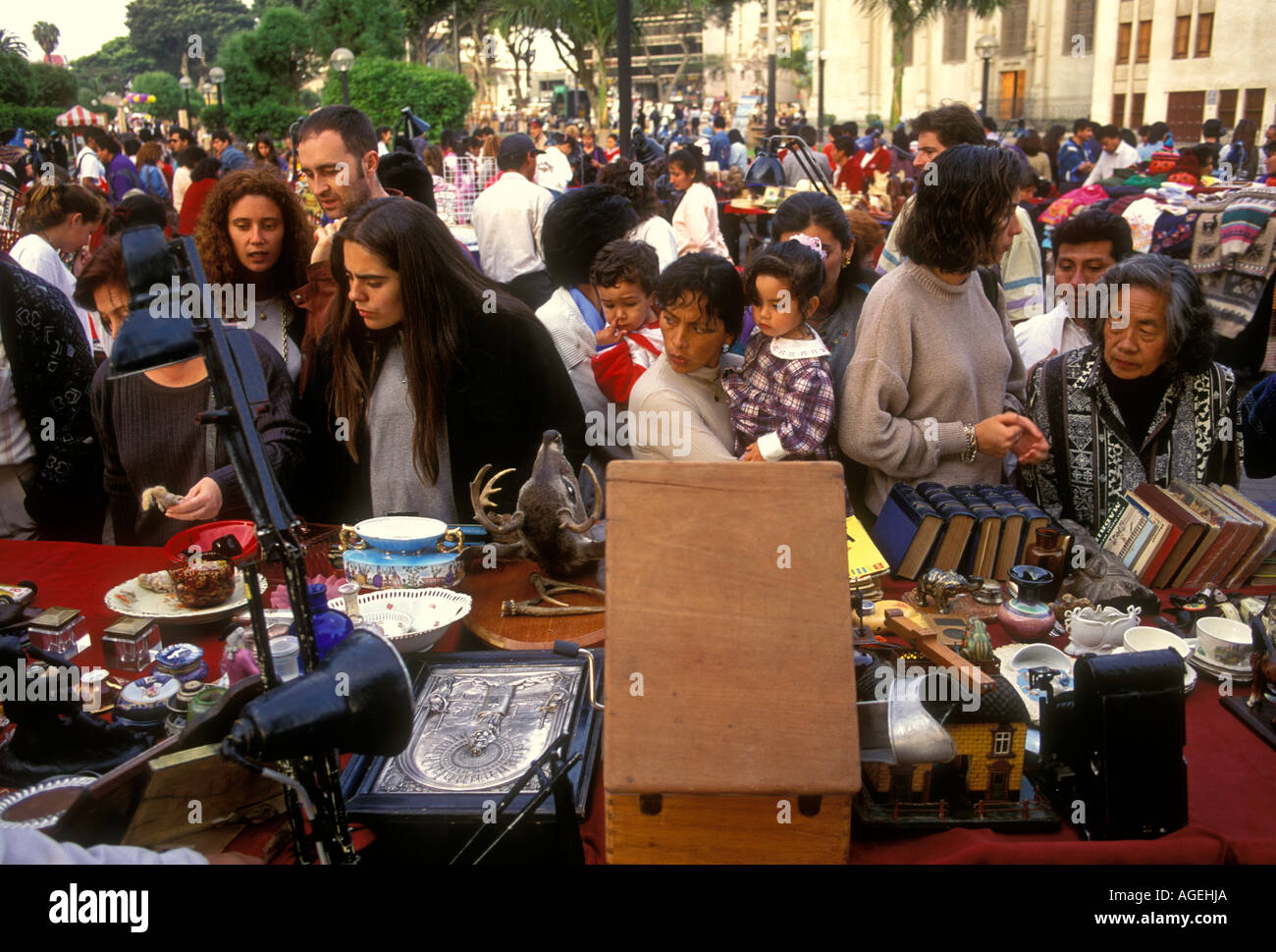 Peruvians, Peruvian people, flea market, Parque Central, Miraflores district, Lima, Lima Province, Peru, South America Stock Photo