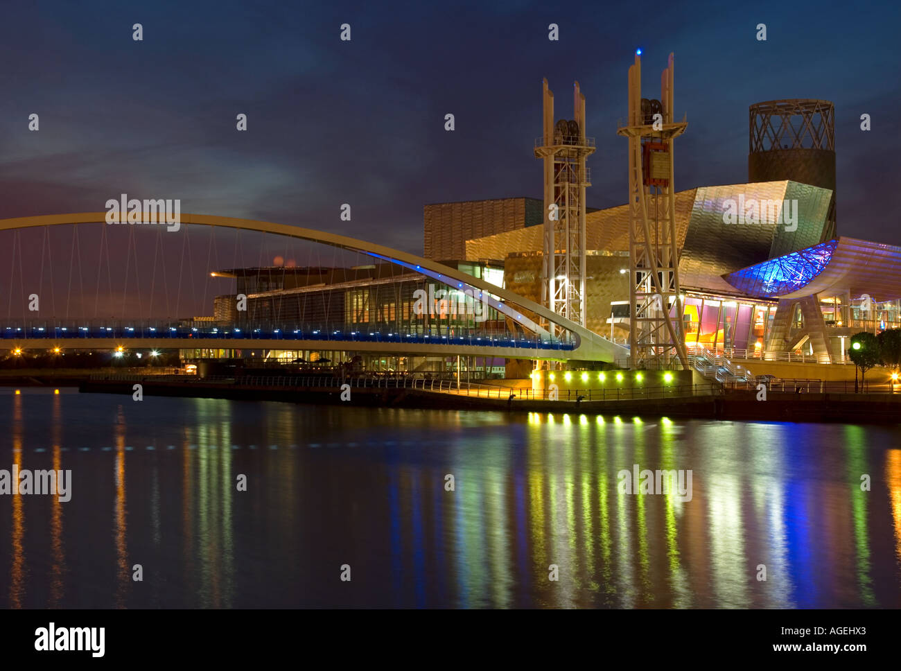 The Lowry Centre and Swing Bridge at Night, Salford Quays, Greater Manchester, England, UK Stock Photo