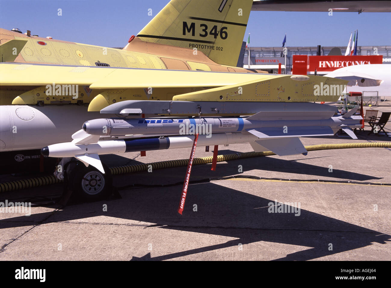 Aermacchi M346 wing pylon with Iris T and Sidewinder Missiles Stock Photo