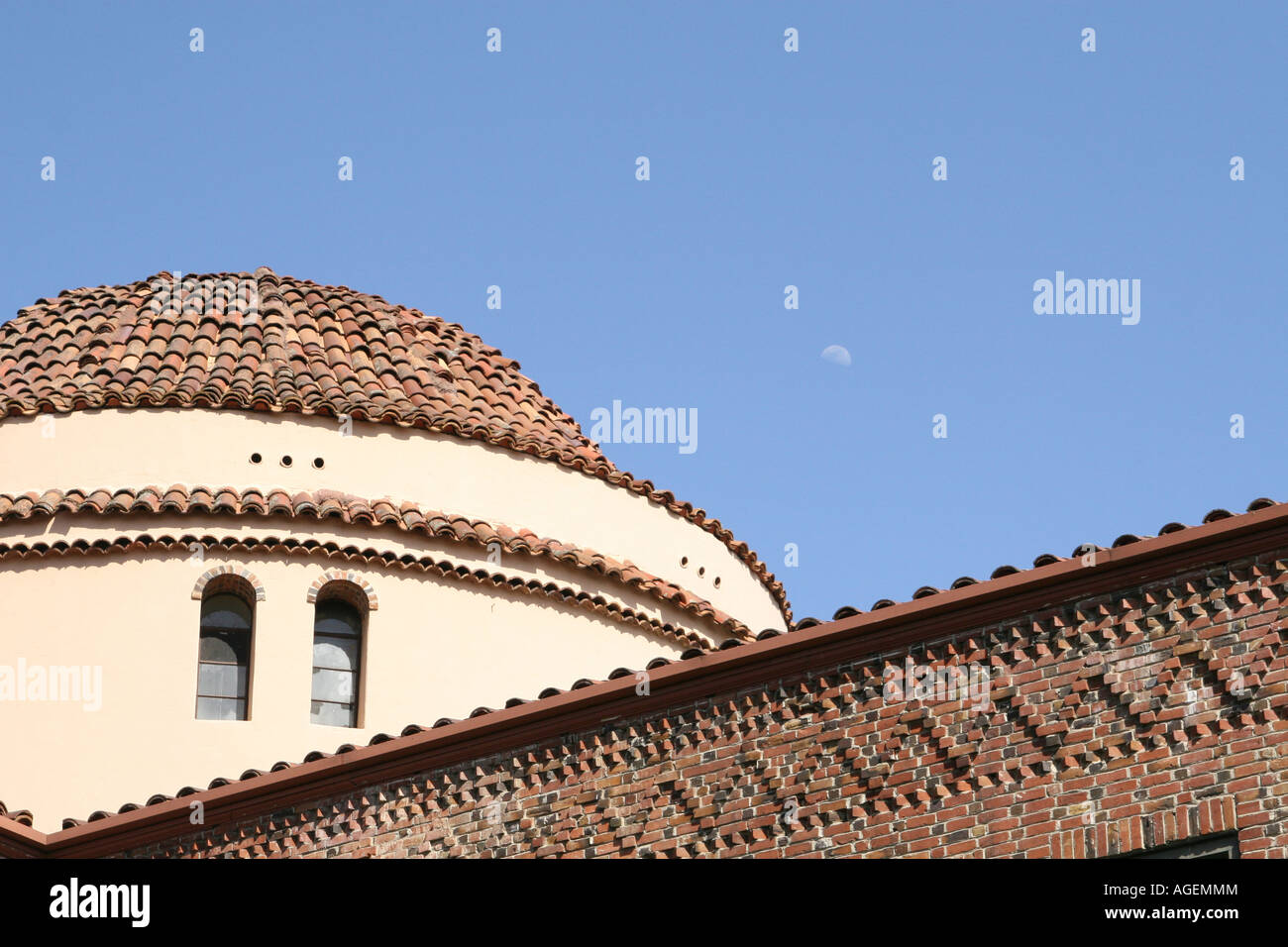 Classical architecture on a California State University campus in northern California Moon in background Stock Photo
