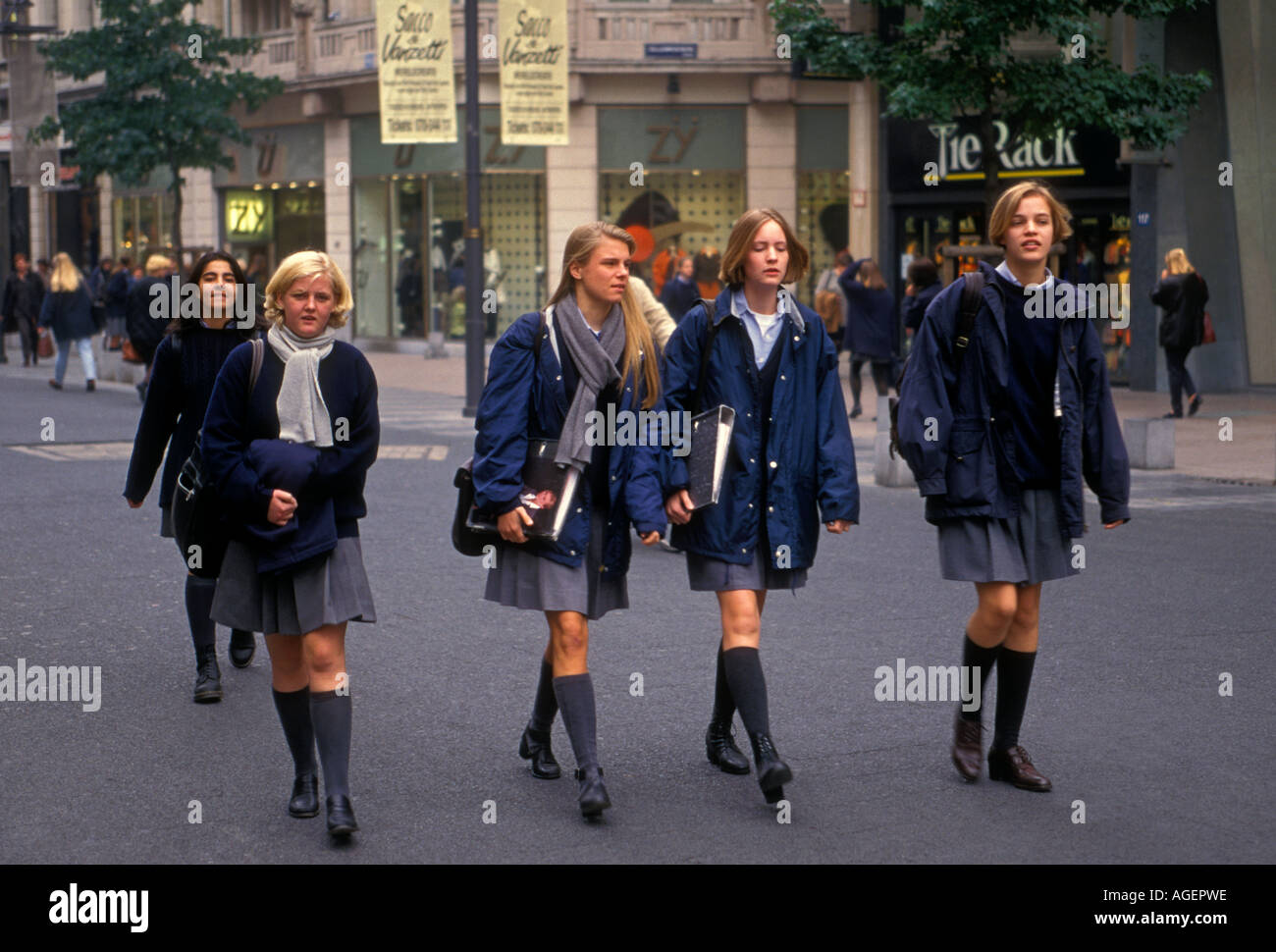 Belgian girls students walking along The Meir in the capital city of ...