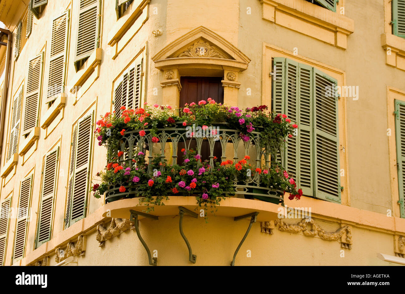 Typical Apartment Balcony With Flowers In Colmar Haut Rhin Alsace France Typical Apartment Balcony With Flowers In Colmar Haut Rhin Alsace France
