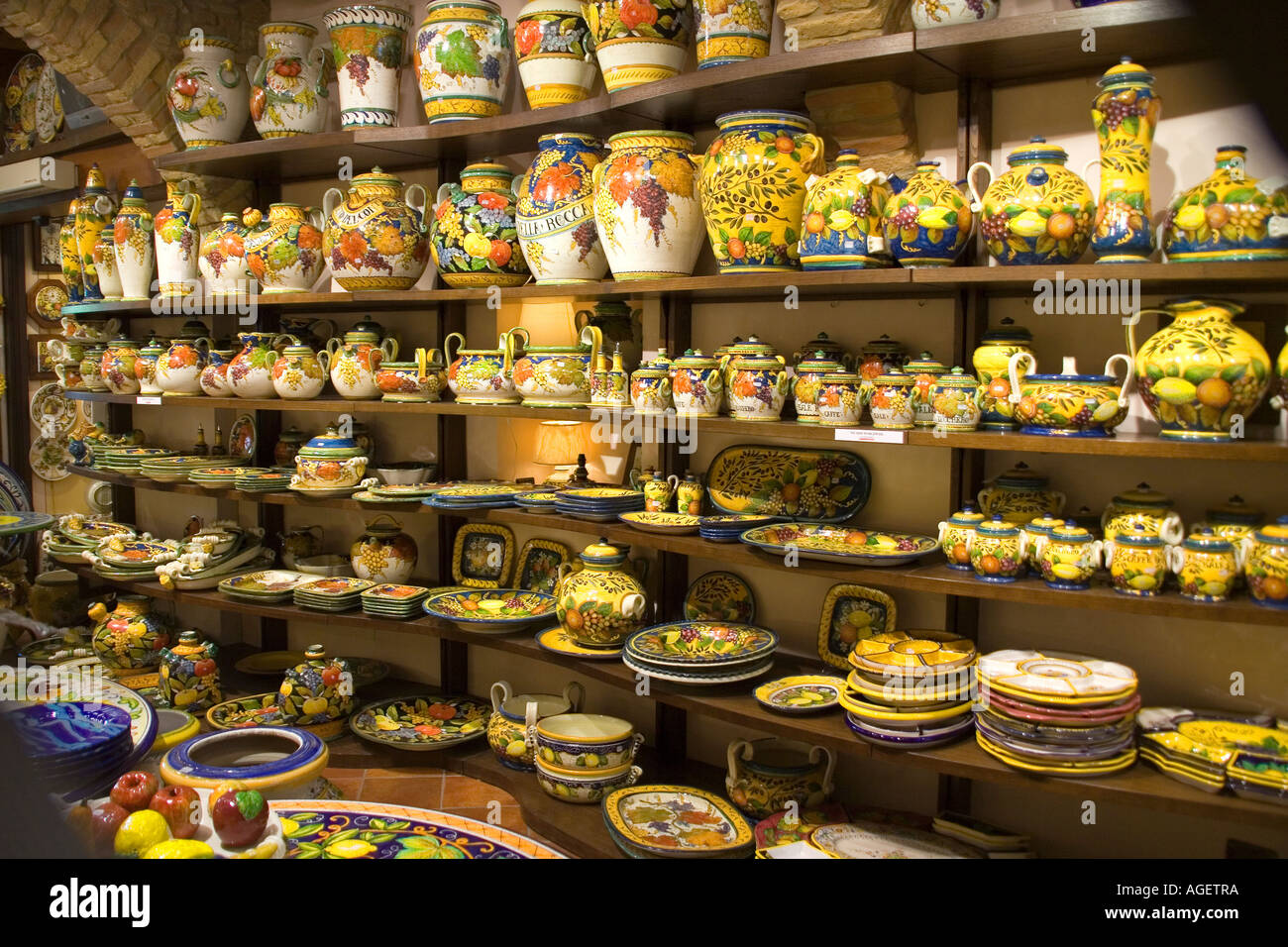 Colourful ceramics on sale in San Gimignano Tuscany Italy Stock Photo