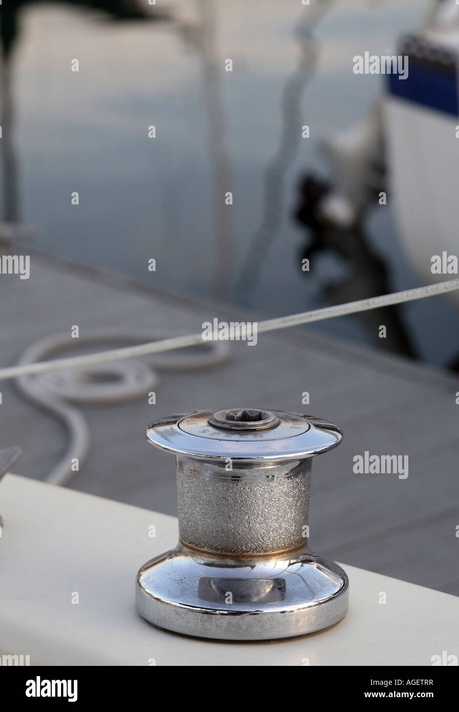 A two speed lanyard winch on a mid sized sailboat used for pulling