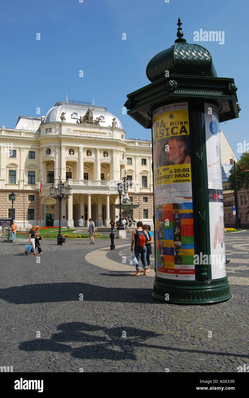 Morris column outside National Theatre, Hviezdoslav Square, Bratislava Old Town, Bratislavia Region, Slovakia Stock Photo