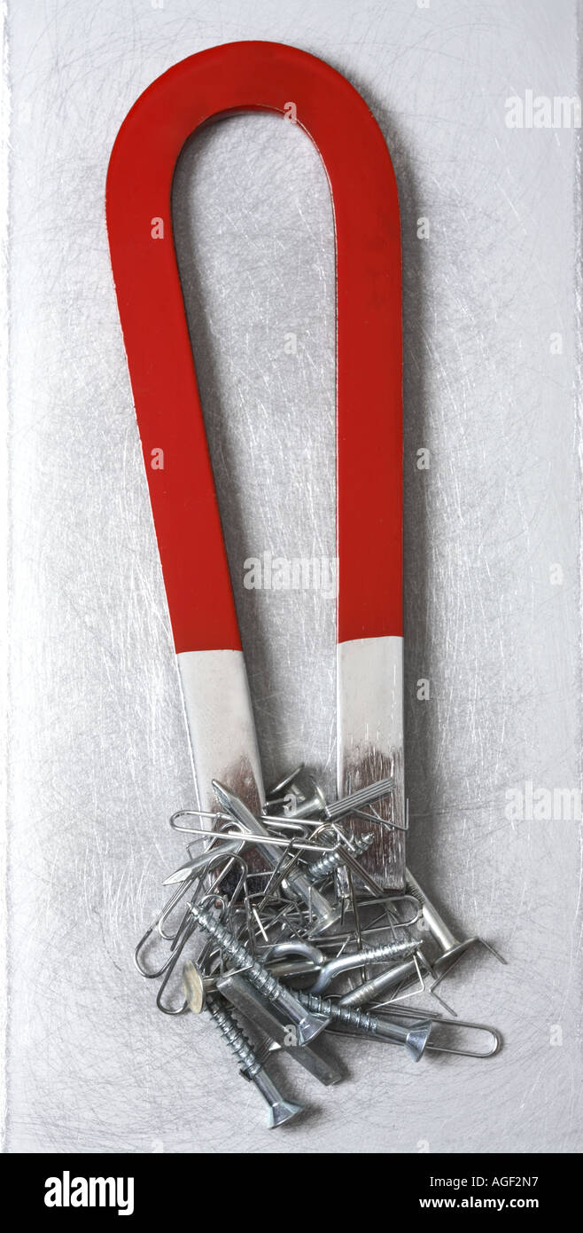 Magnet with metal objects stuck to it. Stock Photo