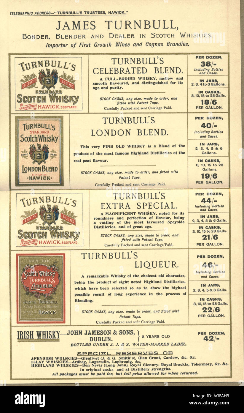 Advertising leaflet for Turnbull's whisky circa 1900 Stock Photo