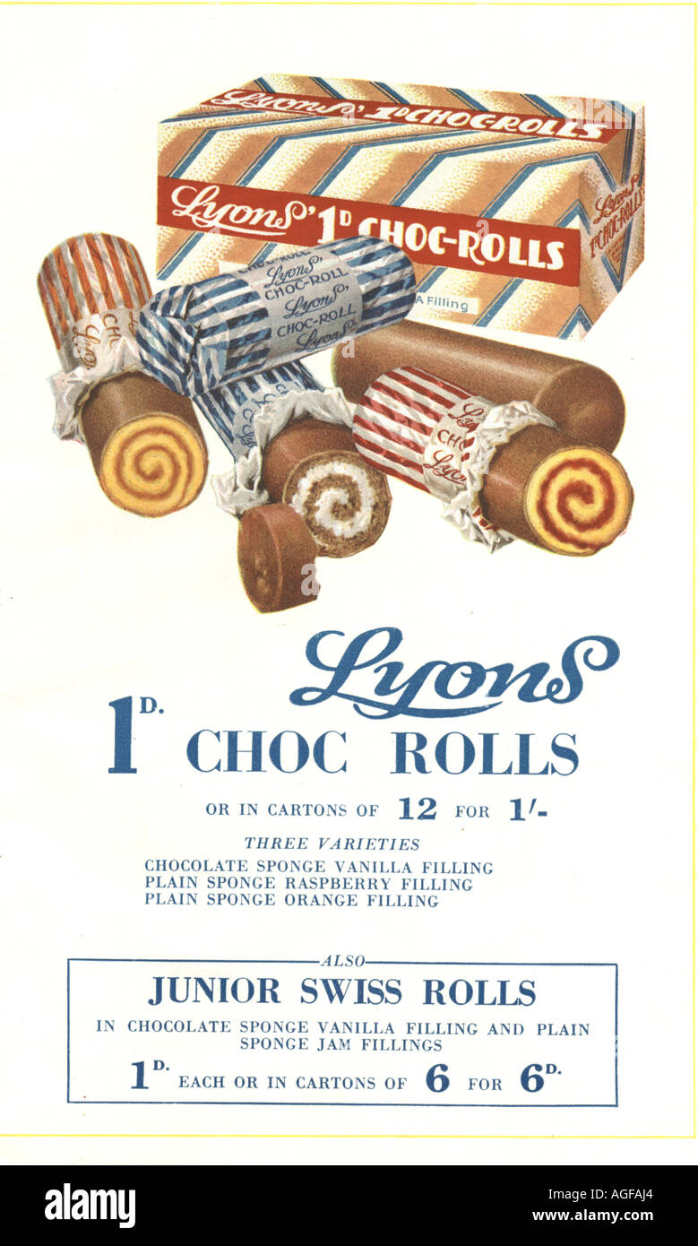 Advertisement for Lyons 1d. choc rolls circa 1930 Stock Photo