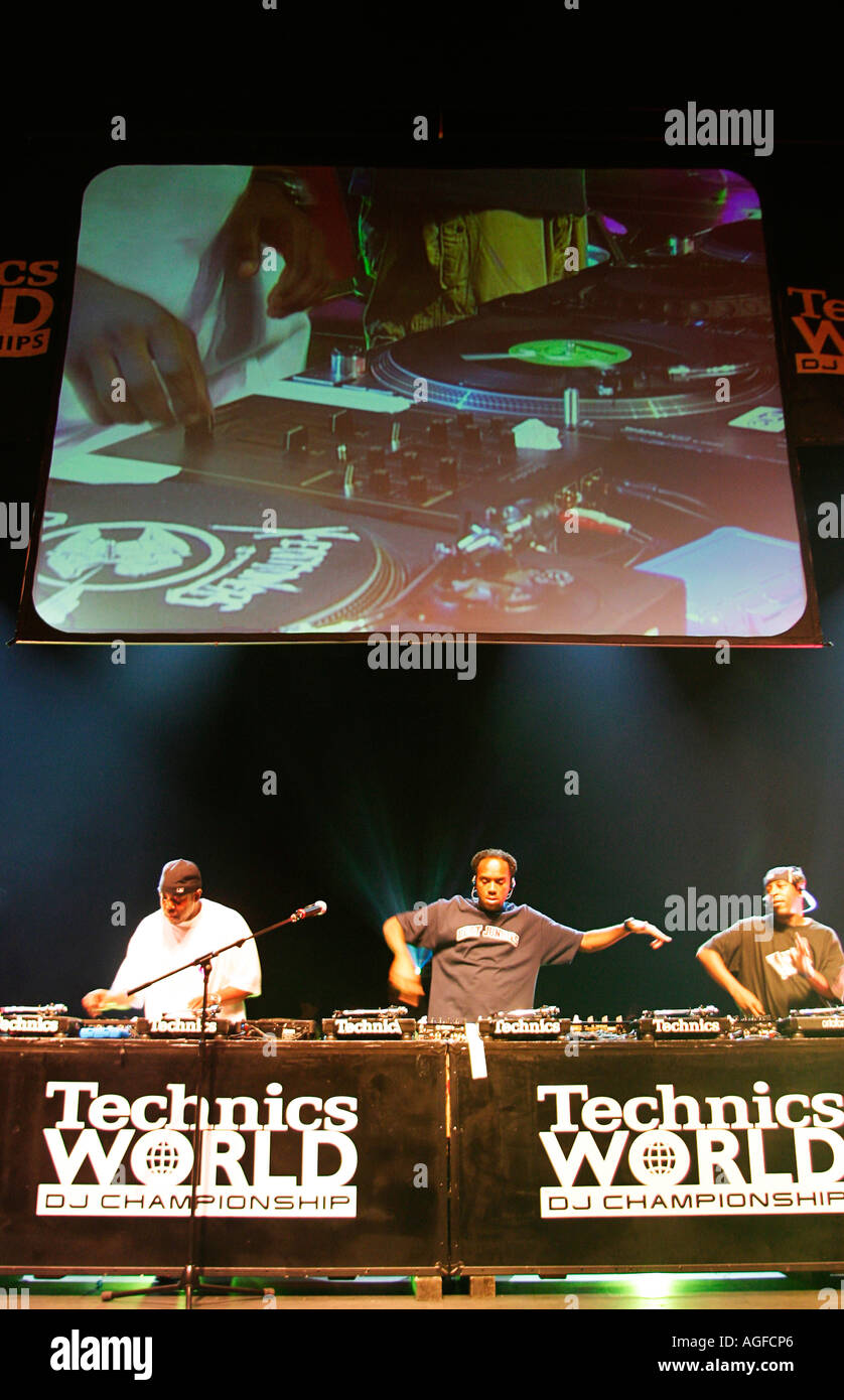 The X ecutioners from the USA DJing at the DMC Technics World DJ Championships at Hammersmith Apollo Stock Photo