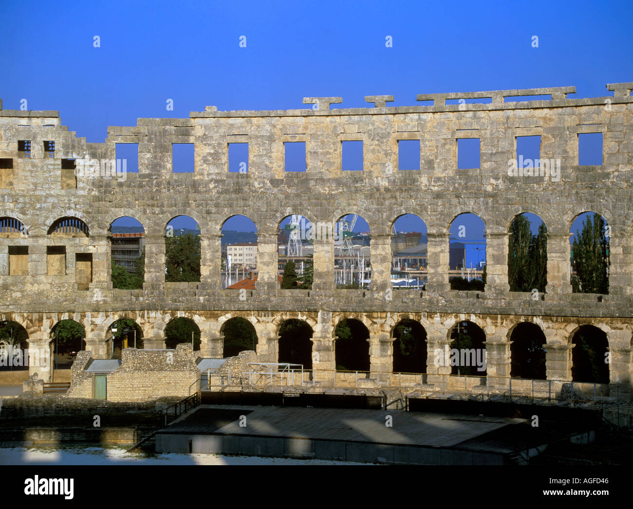 Croatia Istria Pula Roman Amphitheatre Pula Dockyards beyond Stock Photo