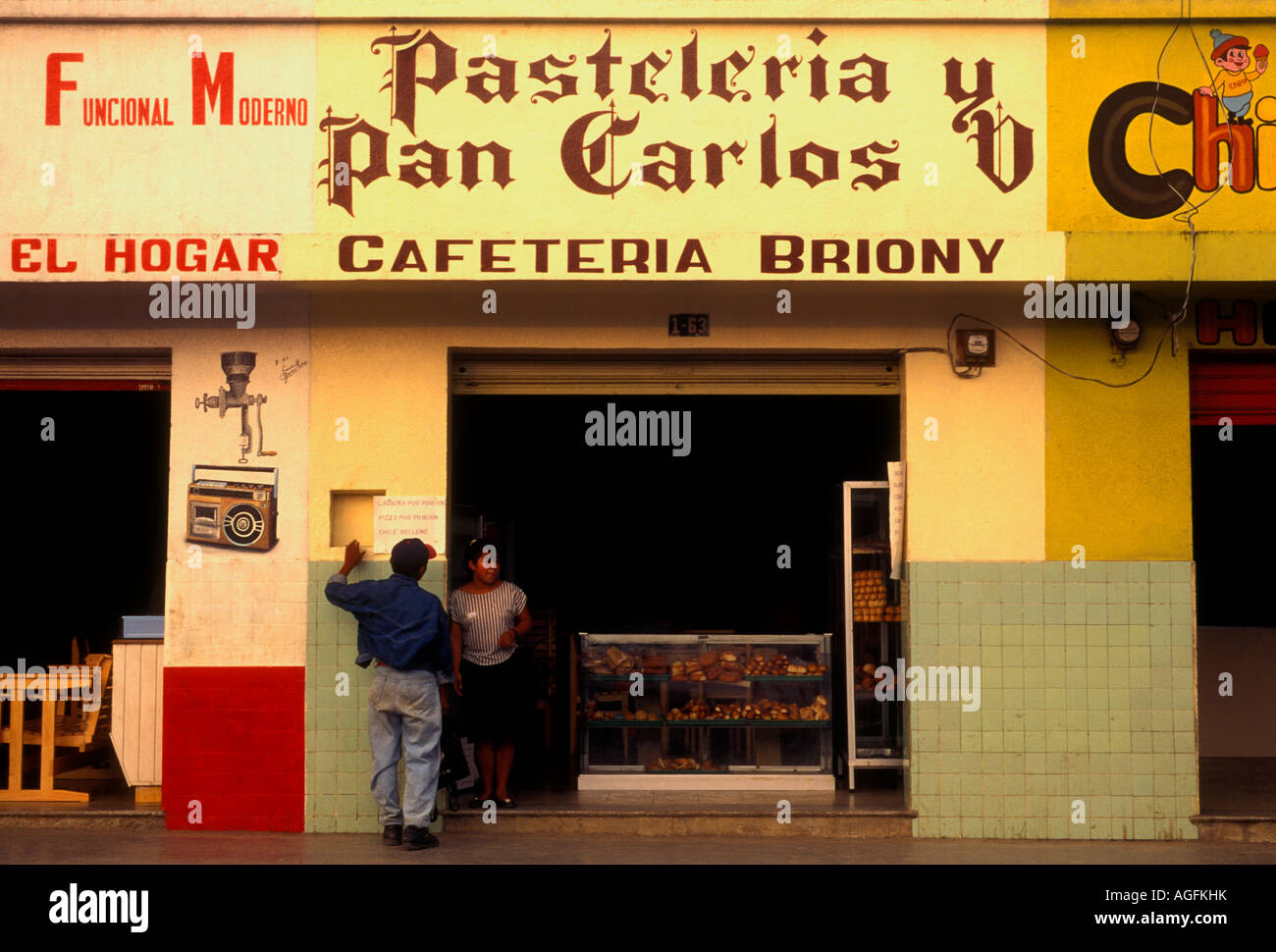 Guatemalans, Guatemalan people, pastry shop, bakery, cafeteria, pasteleria y pan Carlos, Coban, Alta Verapaz Department, Guatemala, Central America Stock Photo