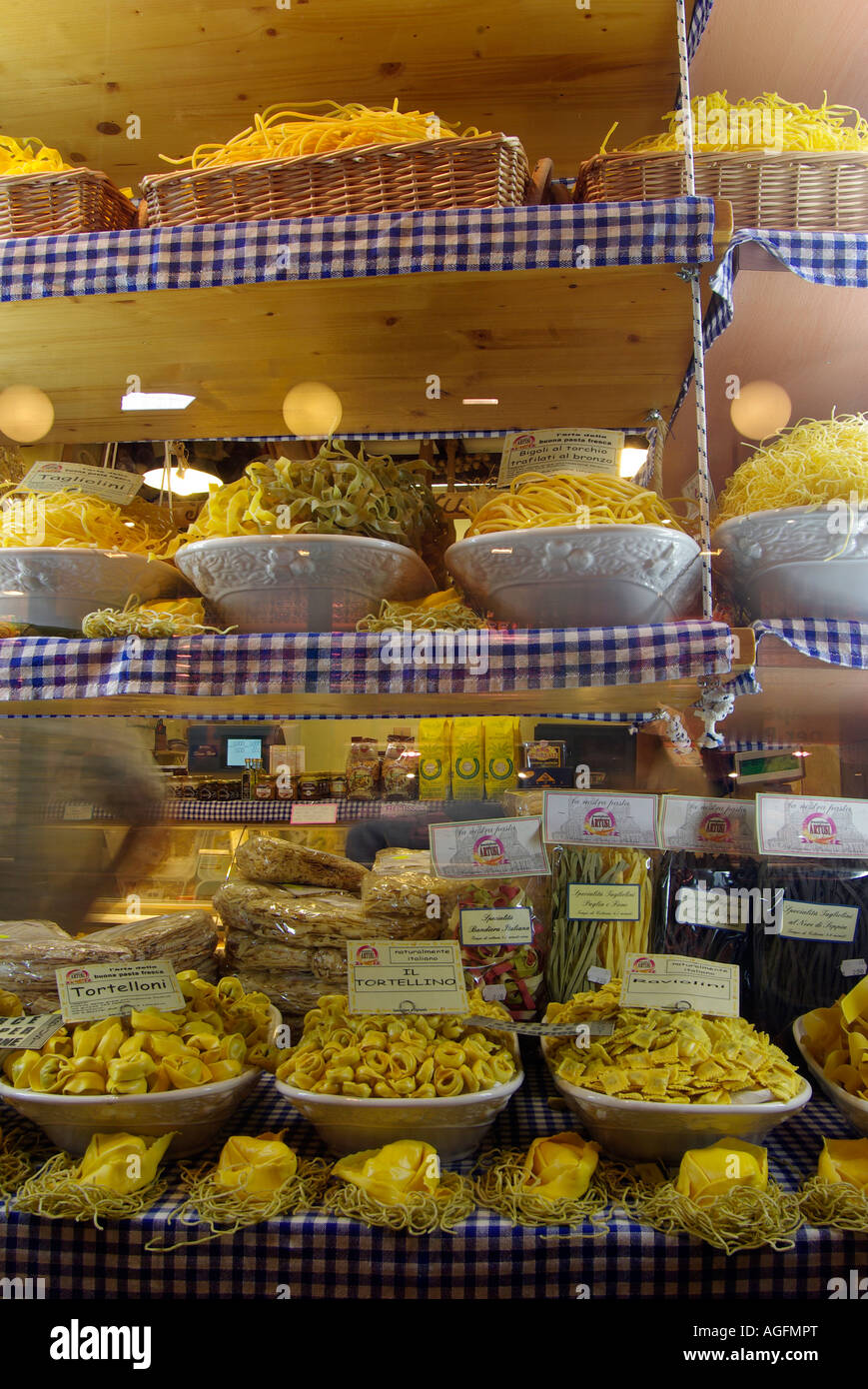 Fresh Pasta on display in the window of a pasta shop in the food Stock