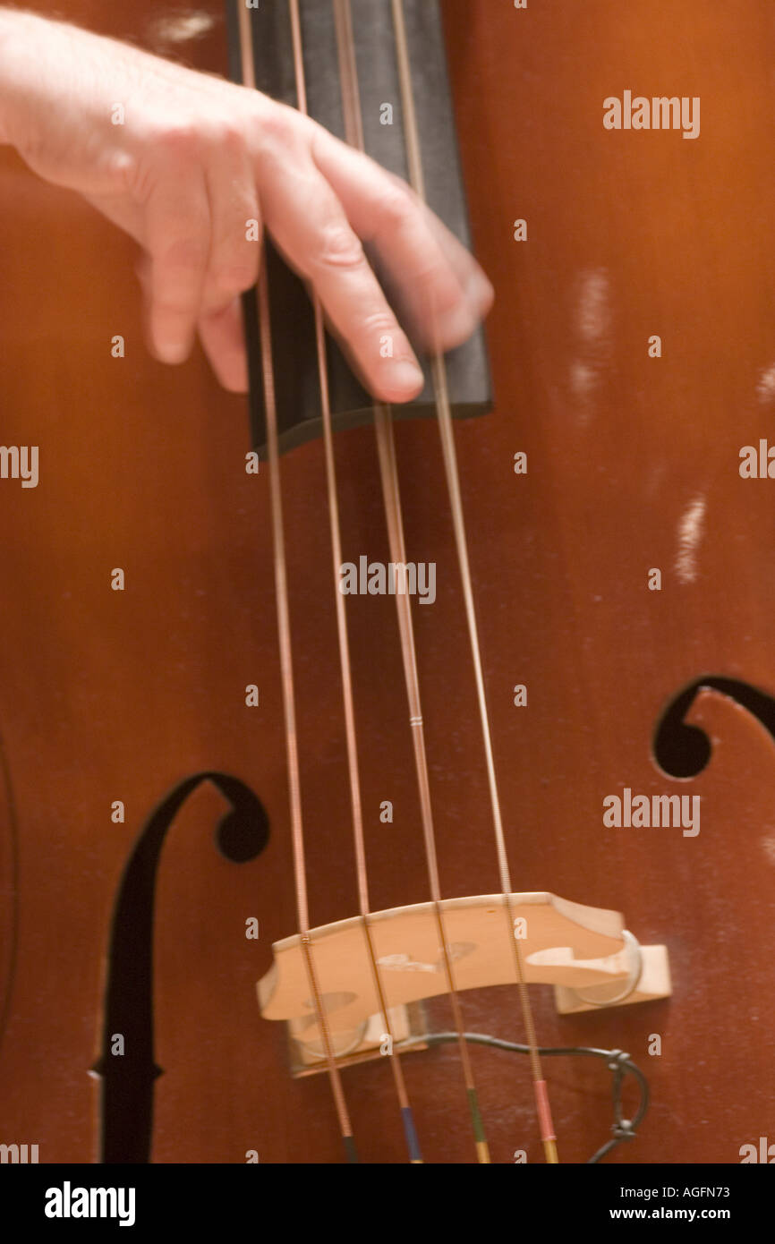 Fingers plucking acoustic bass strings Stock Photo Alamy